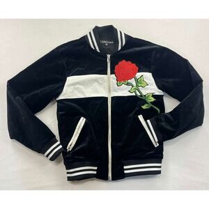 LifeLine Black Velvet Bomber Jacket Rose Embroidery Stripe Mens Small EUC
